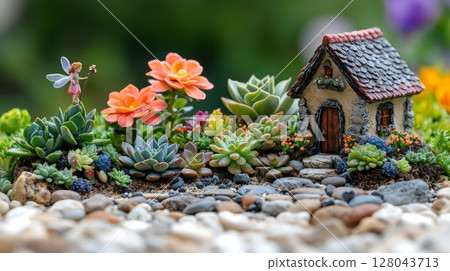 Whimsical Garden Scene with Colorful Succulents and Fairy Figurine 128043713