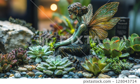 Whimsical Fairy Surrounded by Succulents in a Peaceful Garden Setting 128043714