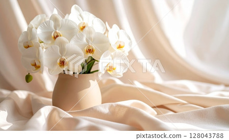 A beautiful spring bouquet of white orchid and delicate flowers, perfect for a wedding or summer decoration 128043788