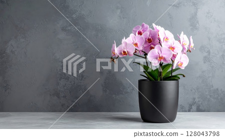 Pink orchid in a vase, a beautiful spring flower bouquet on a wooden table Pink orchid in a vase, a beautiful spring flower bouquet on a wooden table 128043798