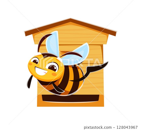 Honey bee and beehive, honeybee cartoon character with funny face, vector personage. Cute bee with happy smile flying from hive, bumblebee insect character for kids or honey products Honey bee and beehive, honeybee cartoon character with funny face, vector personage. Cute bee with happy smile flying from hive, bumblebee insect character for kids or honey products 128043967