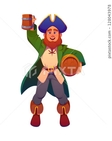 Cartoon pirate ship crew character or corsair with rum barrel, vector personage. Caribbean pirate, boatswain man or corsair filibuster character in tricorne hat with rum barrel or beer pint mug cheers 128043978