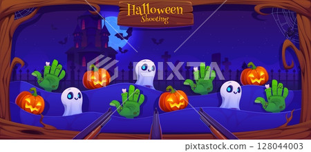 Halloween monsters, hunting carnival shoot game or shooting range gallery, cartoon vector. Halloween shooting gallery with monster pumpkins, ghosts and zombie hands at cemetery for carnival shoot game 128044003