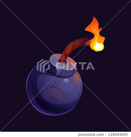 Cartoon cannonball, pirate cannon bomb explosive with burning fuse, vector icon. Cannonball or cannon bomb or TNT dynamite ball of pirate ship shoot or sailing combat and naval maritime bombshell 128044005