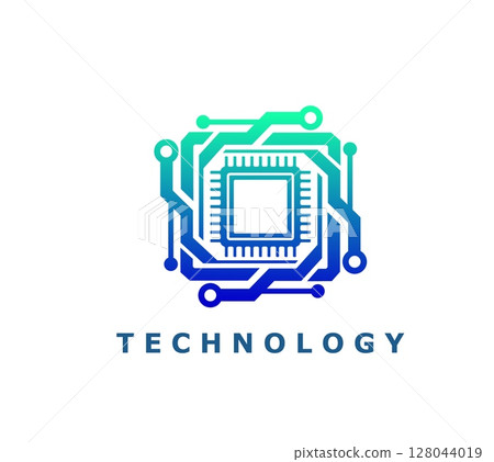 Technology computer chip icon AI app or artificial intelligence chatbot button, vector sign. Digital tech icon of computer chipset for digital internet technology, AI application and assistant bot 128044019