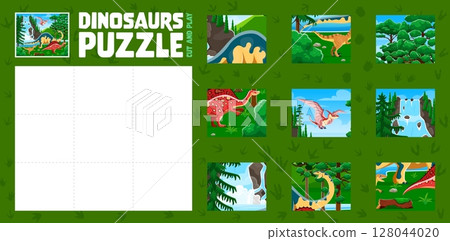 Kids animals jigsaw puzzle logic game quiz with prehistoric dinosaurs. Cartoon cut and play worksheet with dino animals and jungle landscape pieces. Vector educational activity layout with dinosaurs Kids animals jigsaw puzzle logic game quiz with prehistoric dinosaurs. Cartoon cut and play worksheet with dino animals and jungle landscape pieces. Vector educational activity layout with dinosaurs 128044020