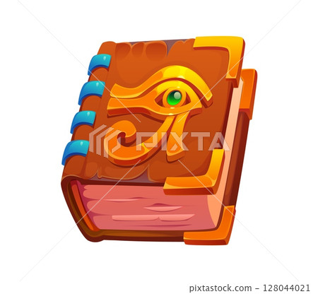 Cartoon mystical ancient Egypt book featuring the eye of Horus on a golden embellished cover, symbolizing mystery, wisdom, and historical magic, Vector Egyptian game icon, artifact, treasure asset Cartoon mystical ancient Egypt book featuring the eye of Horus on a golden embellished cover, symbolizing mystery, wisdom, and historical magic, Vector Egyptian game icon, artifact, treasure asset 128044021
