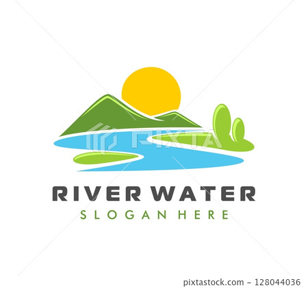 Mountain river icon of nature landscape with forest, hills and sun, vector emblem. Mountain river symbol of valley park with sunrise over fields for travel or farming and agriculture brand sign 128044036