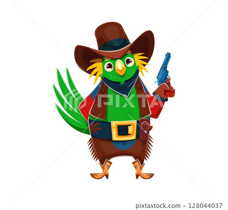 Cartoon parrot cowboy or bird bandit character and Wild West robber, vector Western sheriff. Funny parrot ranger in cowboy hat with revolver gun and boots for Wild West cartoon animal character 128044037