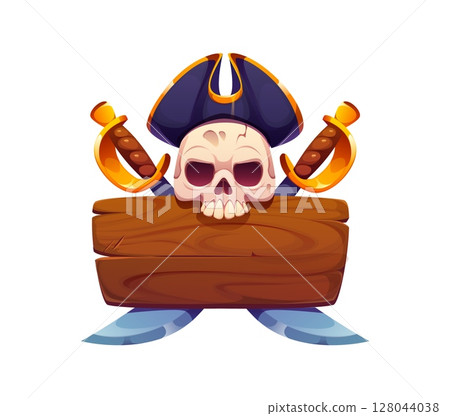 Pirate signboard frame or heraldry icon of corsair skull in captain tricorn hat, vector symbol. Pirate heraldic icon of Jolly Roger skeleton skull with crossed saber swords and wooden sign board Pirate signboard frame or heraldry icon of corsair skull in captain tricorn hat, vector symbol. Pirate heraldic icon of Jolly Roger skeleton skull with crossed saber swords and wooden sign board 128044038