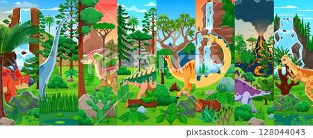 Prehistoric dinosaur characters collage of cartoon Jurassic lizards and reptiles, vector background. Kids dino encyclopedia atlas or paleontology animals collage of prehistoric dinosaurs in jungle 128044043
