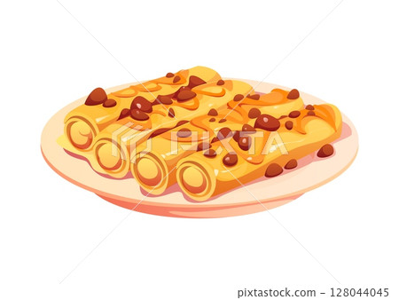 Mexican national holiday and cuisine symbol of enchilada dish, cartoon vector. Mexican cuisine and Tex Mex food of enchilada rolls for holiday fiesta or Mexico national kitchen meals festival Mexican national holiday and cuisine symbol of enchilada dish, cartoon vector. Mexican cuisine and Tex Mex food of enchilada rolls for holiday fiesta or Mexico national kitchen meals festival 128044045