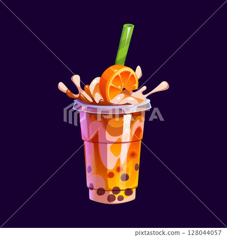 Milk bubble tea cup with orange fruit and splashes for milkshake drink, cartoon vector. Milk bubble tea glass or sweet beverage dessert with boba pearls, fruit and caramel flavor for milkshake drink 128044057