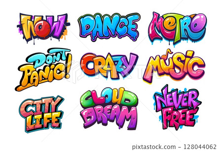 Urban street art graffiti cool artworks of paint spray writing on wall, cartoon vector. Graffiti doodle font and urban street art text artwork words of wow, dance and metro, crazy music and city life 128044062