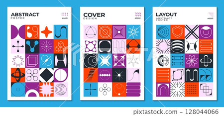 Abstract geometric swiss posters with y2k brutal shapes and patterns shows modern aesthetics and retro futuristic art. Vector covers or layout templates with surreal figures in colorful square blocks 128044066
