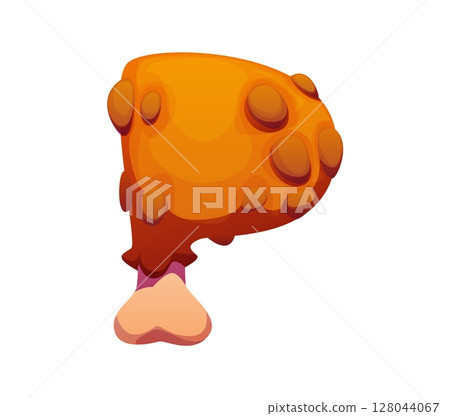 Fast food chicken drumstick meal alphabet font letter P. Takeaway meal font letter, fastfood cafe snack vector typeset element. Street appetizer English kids ABC symbol or fast food alphabet symbol 128044067