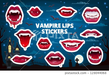 Stickers pack of Halloween vampire lips. Cartoon vector monster jaws with fangs, tongues and dripping bloody saliva. Horror holiday patches with scary dracula smiles, mouths at spooky night cemetery 128044068