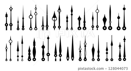 Isolated clock hands, time pointers, watch arrows. Vector monochrome elements set, essential components of analog clock in various shapes and sizes. Hour and minute hand pairs for accurate timekeeping Isolated clock hands, time pointers, watch arrows. Vector monochrome elements set, essential components of analog clock in various shapes and sizes. Hour and minute hand pairs for accurate timekeeping 128044073