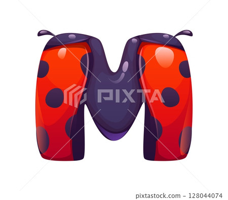 Ladybug cartoon font letter M. Cute ladybug beetle kids ABC type sign, spring ladybird vector typeface letter. Garden insect English alphabet typeset symbol or cartoon font element 128044074