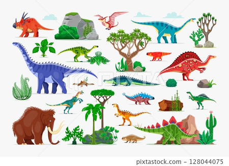 Prehistoric dinosaur characters and plants. Vector set of dino species like stegosaurus, styracosaurus, pteranodon and mammoth, prehistoric vegetation and landscapes like trees, rocks, and ferns 128044075