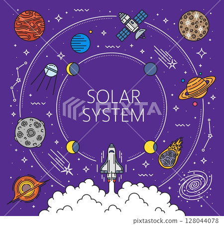 Space rocket start to alien planets, line solar system and galaxy landscape, vector spaceships and satellites. Solar system planets with rocket shuttle spaceflight launch, earth planet and asteroids 128044078