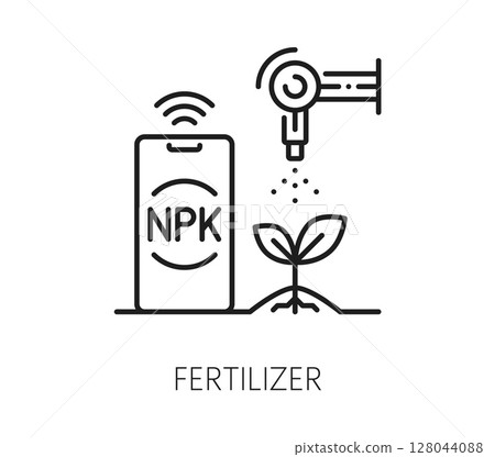 Robot smart farm icon of agriculture fertilizer for farming digital technology, vector line symbol. Smart farm icon of robotic fertilizing or seeds and plants crop for farmer and agrarian automation Robot smart farm icon of agriculture fertilizer for farming digital technology, vector line symbol. Smart farm icon of robotic fertilizing or seeds and plants crop for farmer and agrarian automation 128044088