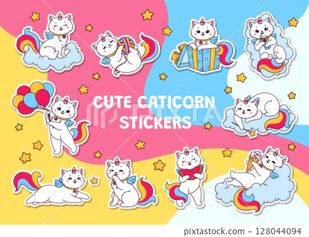 Cute cat caticorn characters stickers pack of cartoon kitten unicorns, vector set. Funny caticorn stickers of cat unicorn with rainbow tail and ice cream on cloud or playing balloons with magic wand Cute cat caticorn characters stickers pack of cartoon kitten unicorns, vector set. Funny caticorn stickers of cat unicorn with rainbow tail and ice cream on cloud or playing balloons with magic wand 128044094
