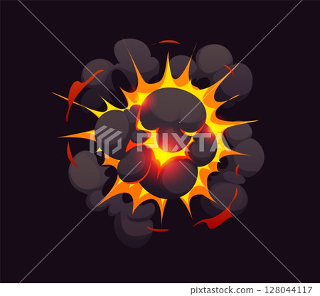 Bomb explosion blast effect for cartoon comic with boom clouds and fire smoke, vector explode. Nuclear bomb explosion explosive TNT dynamite boom with energy blast and bursting smoke clouds effect 128044117