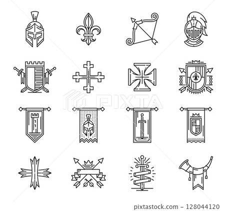 Heraldry line icons of armor and coat of arms, pennants and crosses, vector set. Heraldic icons of Medieval heraldry, shield and crown with arrow, knight helmet and royal crest with sword and keys 128044120