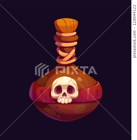 Cartoon pirate icon of poison bottle with skull for magic potion, vector magic potion. Jar of poison drink bottle and deadly tincture or toxic drink jug with cork and dead skeleton skull sign 128044122