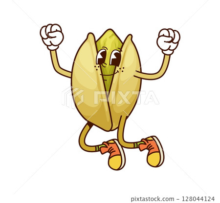 Cartoon groovy pistachio nut with funny face and happy smile, vector comic emoji. Groovy pistachio nut or seed in husk jumping in good mood or joy emotion for legume and seeds food cartoon character 128044124