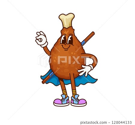 Cartoon groovy chicken drumstick fast food character wearing superhero cape and holding katana on back. Vector funky bbq fastfood meat personage with funny smiling face, sneakers and y2k vintage vibe 128044133