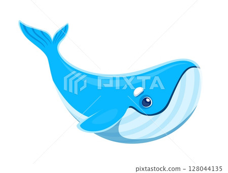 Cartoon whale character of underwater animal of sea and ocean fish, isolated vector. Cartoon blue whale or cachalot with funny cute face for kids mascot of undersea animals and oceanarium sea world Cartoon whale character of underwater animal of sea and ocean fish, isolated vector. Cartoon blue whale or cachalot with funny cute face for kids mascot of undersea animals and oceanarium sea world 128044135
