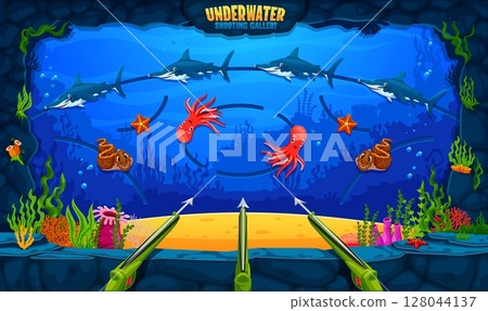 Underwater hunting carnival shoot game amusement park shooting range gallery with cartoon octopuses, hammerhead sharks, starfish, moray eels marine animals, seaweed and harpoon guns, vector Fun arcade Underwater hunting carnival shoot game amusement park shooting range gallery with cartoon octopuses, hammerhead sharks, starfish, moray eels marine animals, seaweed and harpoon guns, vector Fun arcade 128044137