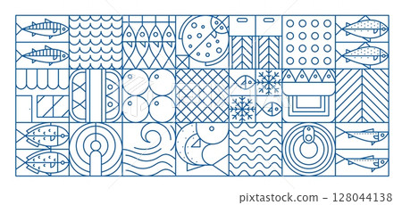 Seafood and fish geometric pattern in modern line mosaic shapes, vector background. Seafood and fish food pattern in blue thin line geometric shapes of salmon and tuna, flounder and mackerel caviar 128044138