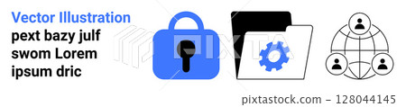 Blue security lock, folder with a gear icon, and global connection network with people icons. Ideal for cybersecurity, data management, collaboration, global networking, cloud storage, IT solutions 128044145