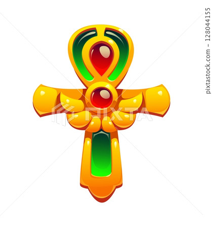 Cartoon Egypt game golden ankh, ancient religious symbol, Egyptian treasure asset icon with a green and red gemstones Vector mystical artifact evoking a sense of power, royalty and divine energy 128044155
