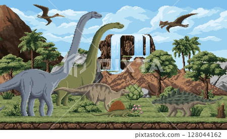 8 bit pixel art game prehistoric dinosaurs landscape. Vector arcade background, nostalgic retro gaming scene featuring ancient dino species, mountains, trees, plants, volcano and blue sky with clouds 128044162