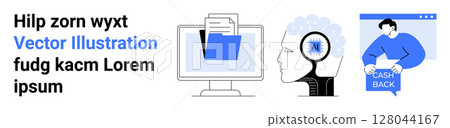 Computer monitor with floating folder, human head with AI gear, person holding cashback symbol. Ideal for web design, artificial intelligence, ecommerce, fintech, digital marketing, tech innovation 128044167