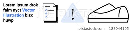 Checklist with three check marks, triangular warning icon with exclamation mark, and casual shoe silhouette. Ideal for website design, instruction manuals, safety guidelines, fashion websites, task Checklist with three check marks, triangular warning icon with exclamation mark, and casual shoe silhouette. Ideal for website design, instruction manuals, safety guidelines, fashion websites, task 128044195