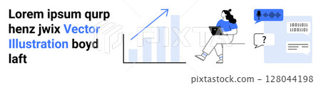 Graph, woman with laptop, coding symbols, speech bubbles. Ideal for digital marketing, content creation, analytics, tech tutorials, online learning, business strategy, modern design. Landing page 128044198