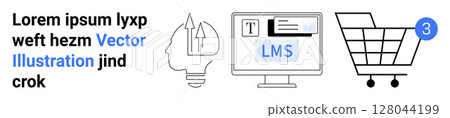 Light bulb with arrows, computer screen displaying LMS content, shopping cart with notification badge. Ideal for education, e-learning, content creation, online courses, innovation, shopping 128044199