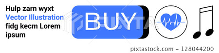 Blue BUY button, heart rate monitor icon, musical note, black text placeholder. Ideal for e-commerce, health, fitness, music, design, user interface, digital marketing. Landing page 128044200