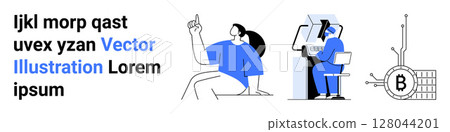 Typographic text, person working on computer, and a blockchain symbol. Ideal for tech blogs, web development, cryptocurrency content, educational technology, digital marketing, business 128044201