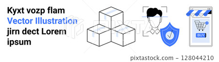 Three cubes, a facial recognition frame with head, a shield with checkmark, a smartphone with shopping cart. Ideal for e-commerce, security, online shopping, technology, data protection, cyber Three cubes, a facial recognition frame with head, a shield with checkmark, a smartphone with shopping cart. Ideal for e-commerce, security, online shopping, technology, data protection, cyber 128044210