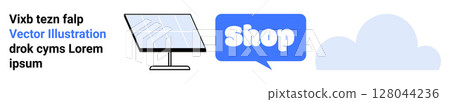 Simple design with a solar panel, a Shop speech bubble, and a cloud element. Ideal for e-commerce, technology, clean energy, online store promotion, and environmental themes. Banner for landing page Simple design with a solar panel, a Shop speech bubble, and a cloud element. Ideal for e-commerce, technology, clean energy, online store promotion, and environmental themes. Banner for landing page 128044236