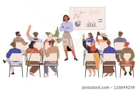 A woman stands in front of a whiteboard displaying charts and data as she presents to an attentive group, some raising hands with questions. Ideal for teamwork, business meetings, professional 128044239