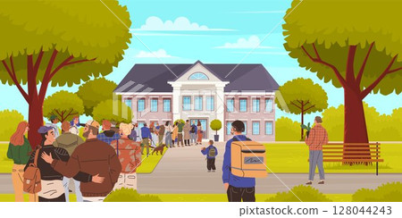 A group of people gathers in front of a large, elegant building with columns and a triangular pediment, set in a leafy park on a sunny day. Ideal for community, events, gatherings, public spaces 128044243