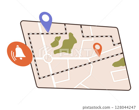 Map layout with blue and red location markers, green areas, and an orange notification bell. Ideal for navigation, travel guides, location services, event planning, delivery services. Minimal flat 128044247