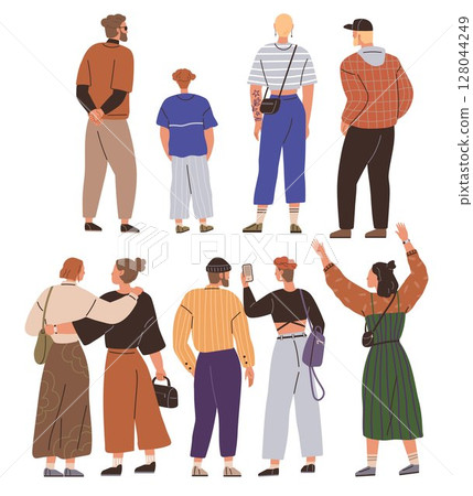 A group of stylish young adults standing in various poses displaying their fashion choices. They wear casual and trendy clothing, with some taking selfies and others engaging in visible activities 128044249